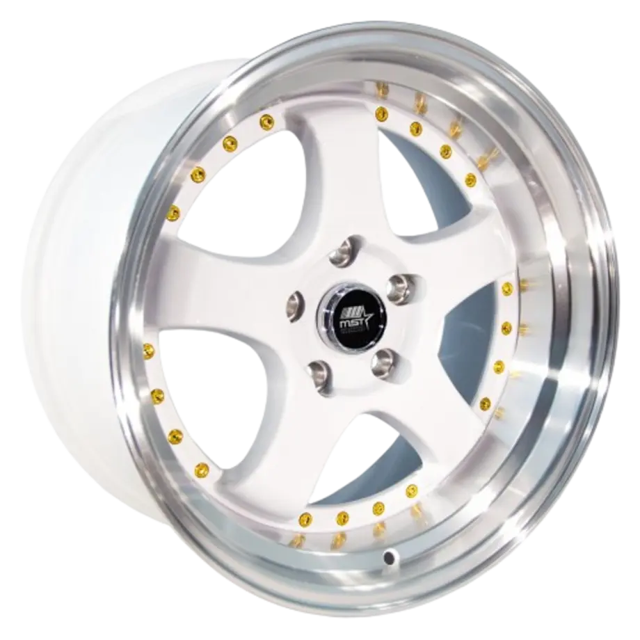 MST Wheels MT07 5x114.3 17x9.0 +20 White w/Machined Lip Gold Rivets